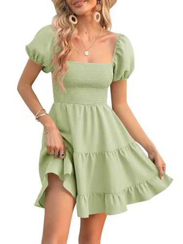 Image of Veatzaer Women's Puff Sleeve Square Neck Smocked Babydoll Dress Boho Floral Print Off Shoulder Ruffle Mini Short Dress