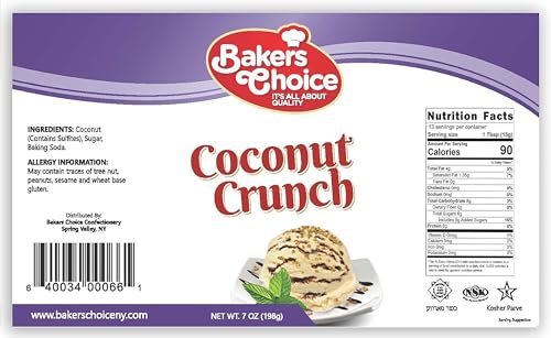 Coconut Crunch Topping - Coconut Sprinkles for Ice Cream Sundae Toppings - 7 Ounce - Dairy Free, Kosher - Baker’s Choice