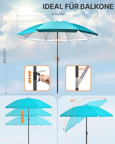 4smile Strandschirm SunnyJoy, Ø 180 cm Türkis - UPF 50+ Sonnenschirm Strand, Sonnenschirm Balkon - Strandschirm windfest stabil, Balkon-Schirm mit Hülle, Gartenschirm 5