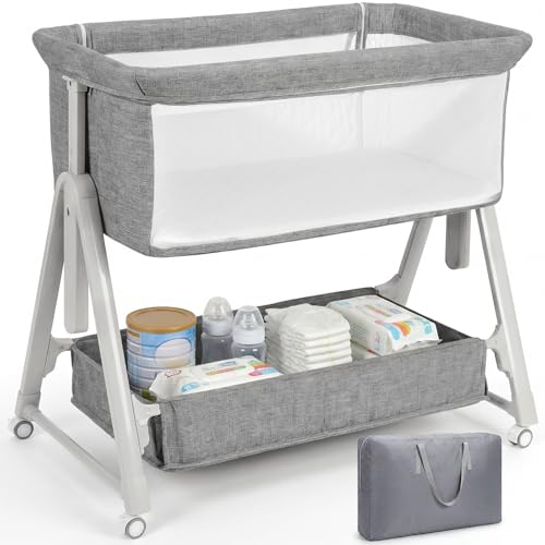 Image of Cowiewie Baby Bassinet Bedside Crib,3-in-1 Baby Bassinet with Comfy Mattress & Wheel,Easy Folding Portable Bedside Bassinet for Baby with Storage,Travel Bag,Breathable Mesh,Stable & Secure,Light Grey