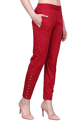 Image of POPWINGS Women Casual Mid Rise Stretchable Red Cotton Trouser