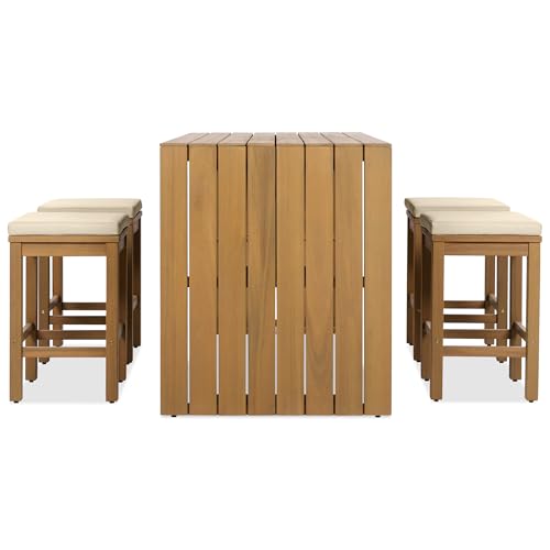 WILLIAMSPACE Patio Bar Table Set of 5, Outdoor Acacia Wood Bar Height Table & Four Stools with Cushions, Wooden Counter Dining Bar Set for Backyard, Poolside, Balcony, Natural