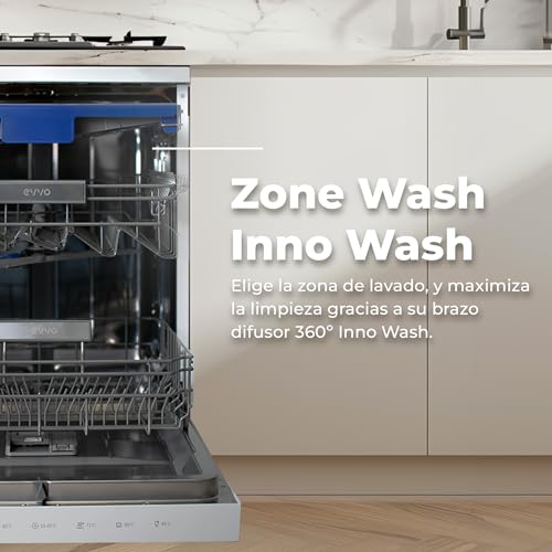 EVVO Lavavajillas 60 cm Ancho, Capacidad para 14 Cubiertos y Con Tercera Bandeja, Eficiencia B, 8 Programas Incluye, Lavado Inteligente, Zone Wash, Inno wash, Apertura Automática, Modelo: D5X Inox - imagen 4