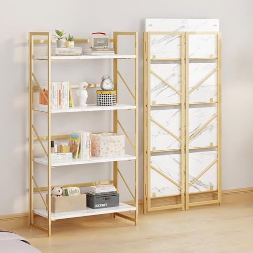 Image of JSB 4 Tier No Assembly Folding Bookshelf, Foldable Storage Bookcase for Home Office, Space-Saving Storage Shelf for Living Room, Bedroom, Office (White&Gold)