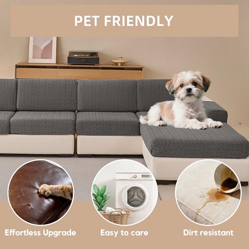 KaviKon Stretch Sectional Couch Covers, Wear Resistant Sofa Slipcovers Washable Soft Protector Anti Slip L Shaped Couch Cushion Covers for Dogs (1 Piece Oversized Cushion Cover, Herringbone Grey) — view 5