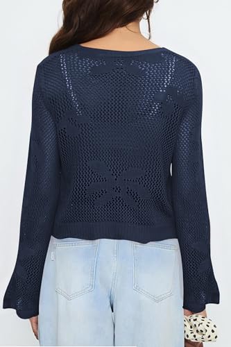 Image of Balimtoy Women Tie Front Cardigan Crochet Sweater Crop Tops Cute Bell Long Sleeve Knit Shrug Beach Vacation Cover Up