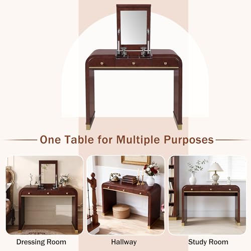 Image of JIVOIT Vintage Vanity Desk with Flip Mirror, Flip-Top Mirror with Hidden Storage, 3-in-1 Wood Dressing Table with 2 Drawers and Storage Space, Easy Assembly (Espresso,44)