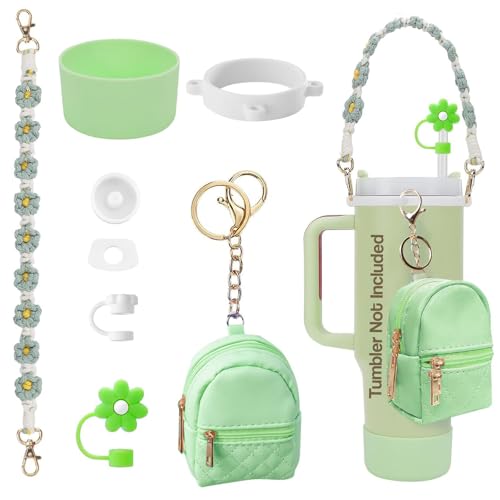 Image of House of Quirk 7 PCS Cup Accessories Set | Tumbler Accessories for 30oz & 40oz | Silicone Boot, Handle Strap, Coin Purse & Straw Covers (Green Charms, Tumbler Not Included)