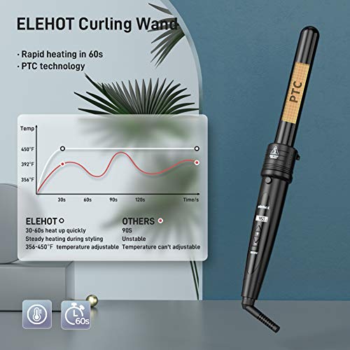 ELEHOT Curling Iron Curing Wand Set 6 in 1 Interchangeable Ceramic Tourmaline Hair Barrels and Temperature Display & Heat Settings with Protective Glove (Black) - Thumbnail 2