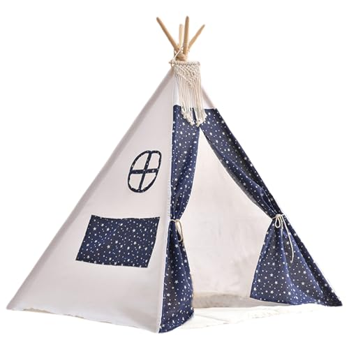 Tienda de campaña Tipi para niños con diseño de Estrellas, con Cortina y tragaluz, de 80 x 80 x 109 cm, de Lino y algodón, con borlas para Interior.