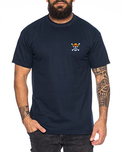 Ruffy Straw Hat Besticktes Herren T-Shirt - Manga Stick One Pirat Piece Anime Luffy Zoro, Farbe:Dunkelblau, Größe:XL