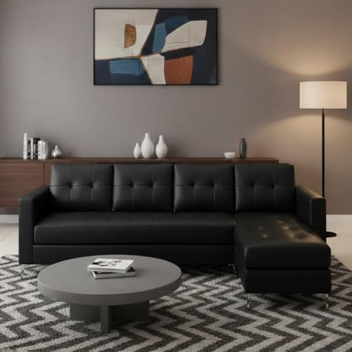 Image of CASASTYLE Madison 5 Seater Leatherette RHS L Shape Sofa Set (Black) Premium Finish | Ideal for Living Rooms