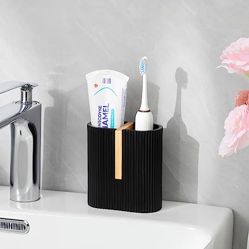 rejomiik Matte Black Toothbrush Holders Electric Toothbrush Holder for Bathrooms, Bamboo Tooth Brushing and Toothpaste Storage Organizer for Sink, Countertop