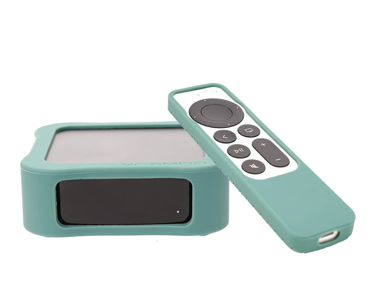 Veamor Silicone Case Cover for Apple TV 4K 2nd Gen 2021 (1 Set, Siri Remote + Host Box), Anti Slip Rubber Protective Skin Soft Bumper, Shock Absorbing / Impact Resistant / Drop Proof (Midnight Green)