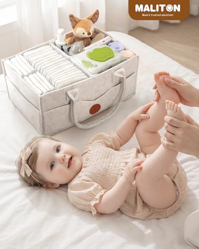 Image of Maliton Felt Diaper Caddy Organizer for Changing Table - Large, White | 15x9x7 inch Portable Nursery Storage Bin and Car Organizer for Diapers, Wipes. Boy & Girl Shower Gift Basket, Baby Essentials