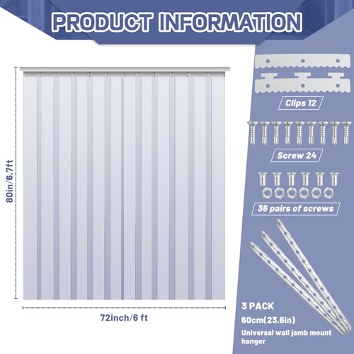 Image of Juexica 72 x 80 Inch Plastic Strip Door Curtain Kit 0.08'' Walk in Cooler Curtains Thickness PVC Freezer Door Curtain Smooth Waterproof Hurricane Shutters Gate for Warehouse Garage Industry(Clear)