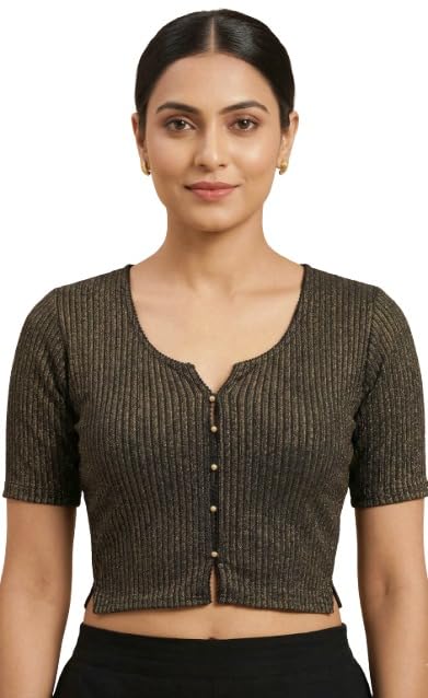 Women’s Stretchable Lycra Blouse – Stylish Ribbed Design, Half Sleeve, Front Open Button Blouse for Saree-picture-46