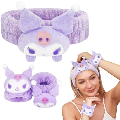 Diadema Maquillaje Muñequeras Skincare 3 Piezas Diadema Skincare Cinta Pelo Maquillaje Muñequeras para Desmaquillarse para Mujer Niñas Lavarse la Cara, Ducha, Máscara de Spa (Púrpura)