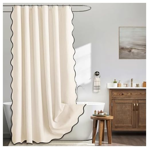 MIULEE Cream White Scalloped Shower Curtain Linen Textured with 12 Metal Hooks Cute Heavy Duty Washable Waterproof Thick Cloth Shower Curtains with Black Border for Bathroom Hotel Bathtub,W72*L72