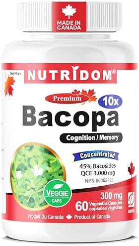 Nutridom Bacopa Monnieri Supplement, 3,000mg Per Day, Suppots Brain Health, Memory & Cognitive Function, 45% Bacosides, Vegan, Non-GMO, Gluten Free, Soy Free, and Dairy Free (60 Count)