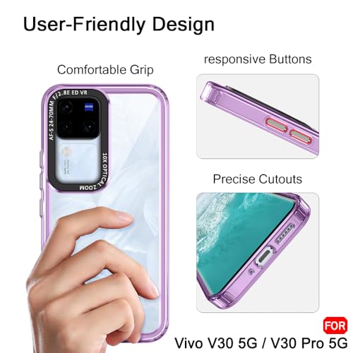 Image of TheGiftKart Hybrid Shockproof Back Cover Case for Vivo V30 / V30 Pro 5G | Stylish Camera Border | Electroplated Buttons | Crystal Clear Hard Back Cover Case (TPU & PC, Purple Bumper)