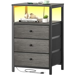 BOLUO Gray Nightstand with Charging Station, LED Night Stand with 3 Fabric Drawers, Bedside Table with USB Ports and Outlets, Nightstand for Bedroom Modern
