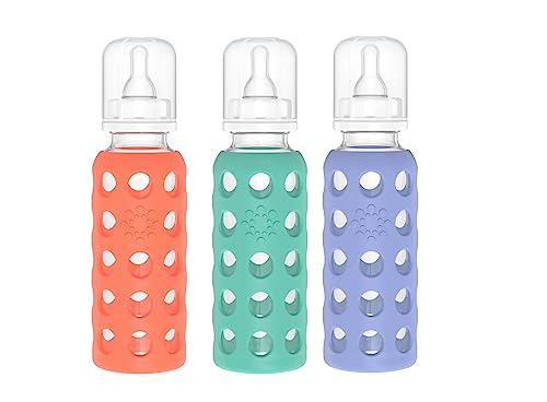 Image of Lifefactory Glass Baby Bottles with Silicone Protection - 3-Pack, 9 oz Bottles, (1- Papaya, 1- Kale & 1- Blueberry)