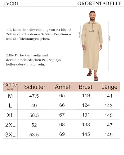 Caftan thobe en lin LVCBL anti-transpiration et ample pour homme musulman kaki L