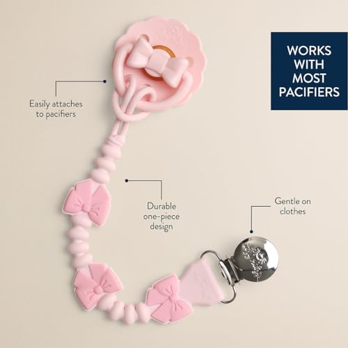 Image of Itzy Ritzy Silicone Pacifier Clip - 100% Food Grade Silicone Pacifier Strap with Clip Keeps Pacifiers, Teethers & Small Toys in Place - Features One-Piece Design & Cord (Pink Bows)