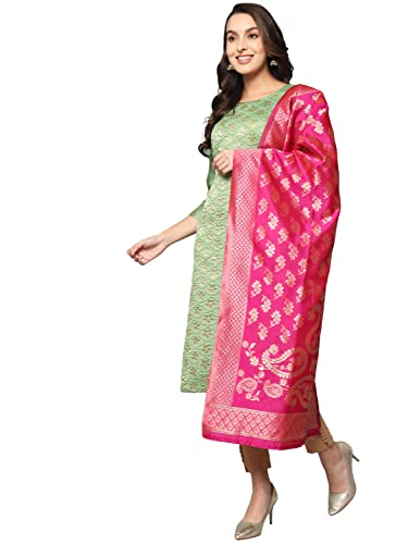 Image of VredeVogel Women's Cotton Silk Blend Straight Kurta With Dupatta with Banarasi Silk Dupatta