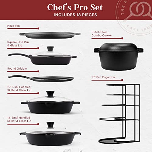 Image of Cuisinel Cast Iron 18-Piece Preseasoned Cookware Set: 10 inch+12 inch Skillets w /Lids + 5-Qt Dutch Oven + 10.5 inch Square Grill Pan w /Lid + Pizza Pan + Round Griddle + 15 inch Organizer +Scraper + Silicone Handle