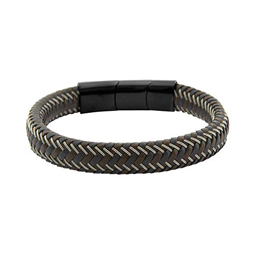 CLIPSEAM Bracelet pour homme en cuir véritable marron et bleu et acier 316L, plaqué en noir. Adaptable en taille avec fermeture rallonge incluse. Conçu et fabriqué en Espagne Cover