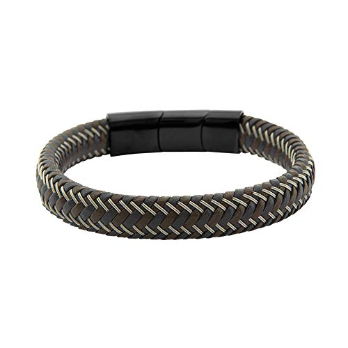 CLIPSEAM Bracelet pour homme en cuir véritable marron et bleu et acier 316L, plaqué en noir. Adaptable en taille avec fermeture rallonge incluse. Conçu et fabriqué en Espagne.