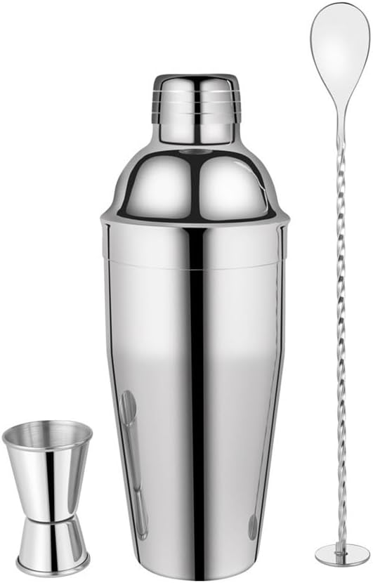 Cocktail Shaker Stainless Steel 3-Piece Bartender Set - Shaker, Measuring Cup & Bar Spoon