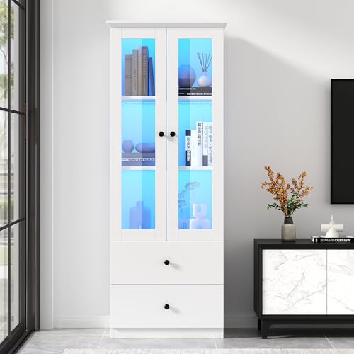 Vitrina LED blanca mate de 165 cm, USB, 16 colores, 2 cajones, estantes ajustables, puertas batientes, tablero de fibra de densidad media