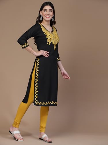 Image of QAZMI Women's Floral Aari Embroidered Viscose Rayon 3 /4 Sleeves Straight Kurta