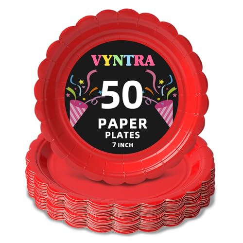 Vyntra Red 7 Inch Scalloped Paper Plates 50 Count Heavy Duty Microwave Safe Disposable Dessert Plates for Valentines Day Party Dessert