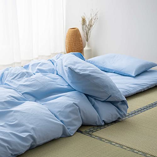 Emoor Japanese Futon Cover Set Presso (Mattress & Comforter Zip Cover And Pillowcase) Twin/Twin-Long Size (Saxblue), Zipper-Closure, Made Injapan 100% Cotton Tatami Floor Sleeping Mat Bed Linen #TOP4