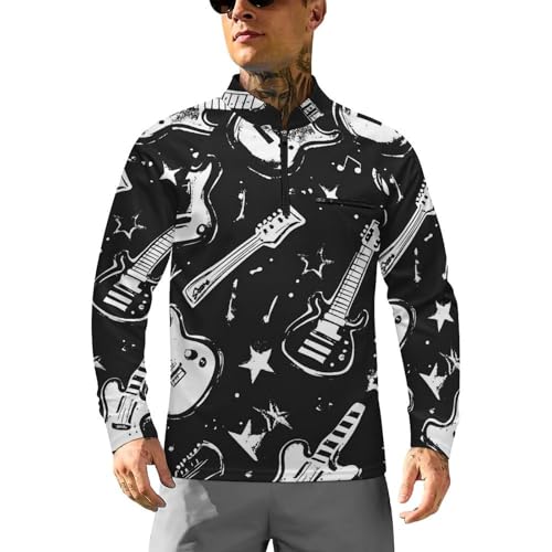 Mens Long Sleeve Mesh Fishing Shirts Rock and Roll Themed of Guitar Rash Guard Fishing Tshirt Sun Protection Tee