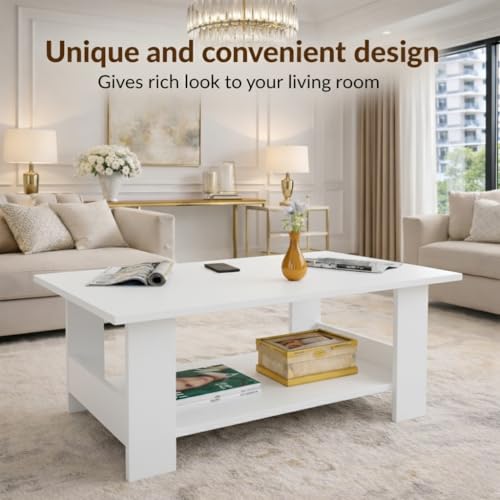 Image of Spyder Craft Modern Coffee Table with Open Storage Shelf - Minimalist Rectangular Center Table for Living Room, Office, and Lounge - Durable Engineered Wood, Easy Assembly (White) (Assembly -DIY)