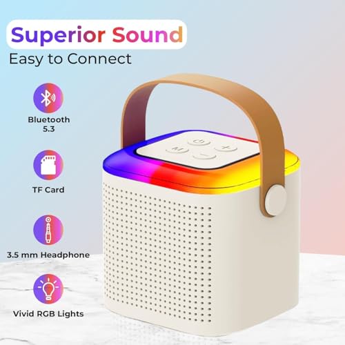 Image of One94Store Portable Bluetooth Speaker 10W with Wireless Karaoke Mic, Bluetooth 5.1, 8H Playtime, 5 Voice Change Effects, RGB LED Lights, TF Card Support, Type-C Charging - Cream Color