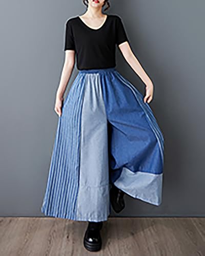 ellazhu Women's Pants Wide Leg Pocket High Waist Patchwork Striped Contrasting Jean GZ4674