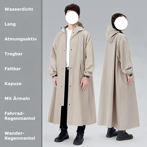 YYKSYDPT Wasserdicht Lange Regenjacke,Atmungsaktiv Regenmantel mit Ärmeln und Reflektierend Kapuze,Fahrradregenmantel Damen und Herren-Wandern