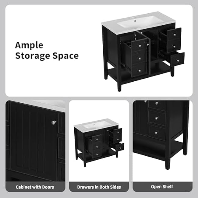 36 Inch Freestanding Bathroom Vanity with Sink Combo Black Solid Wood MDF Construction Three Drawers Cabinet Waterproof Finish Easy Assembly for Modern Home Bathroom
