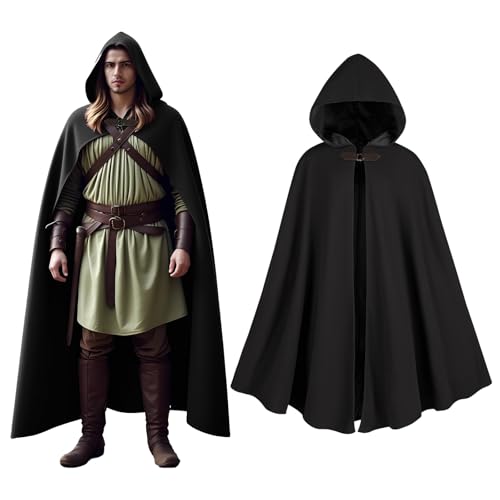 CNVAUIE Renaissance - Snapback - Manteau à Capuche pour Homme - Costume Médiéval - Sorcière - Halloween - Noir