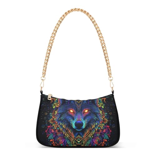 Sac à main fourre-tout femme avec chaîne motif loup multicolore 47