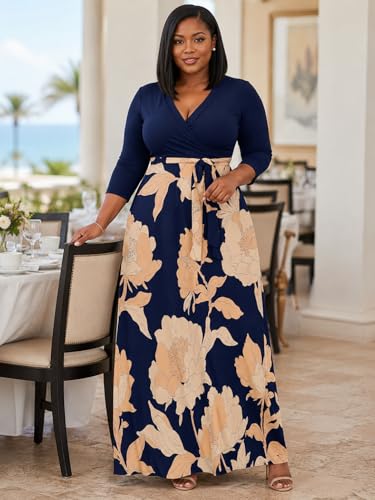 Image of Women's V Neck Floral Maxi Dress 3 /4 Sleeve Plus Size Boho Wrap Flowy Long Dresses with Belt