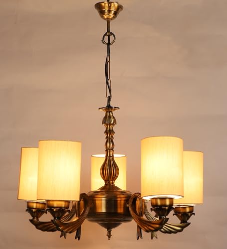 Image of Devansh 05-Light Conical Off-White Cotton Shade Chandelier - Antique Golden Finish | Adjustable Cord | Warm Glow Lamp - Ceiling Light for Living Room, Dining Area, Bedroom & Entryway Decor - D10