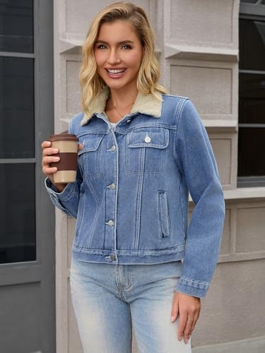 Women Denim Jackets Faux Fur Collar Fleece Lined Winter Thicken Denim Trucker Jacket3
