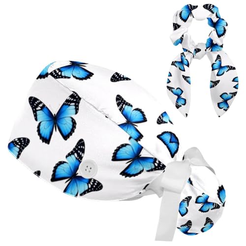 Image of Colored Butterflies Scrub Caps Women, Adjustable Working Cap with Button, Surgical Caps with Bow Hair Scrunchy